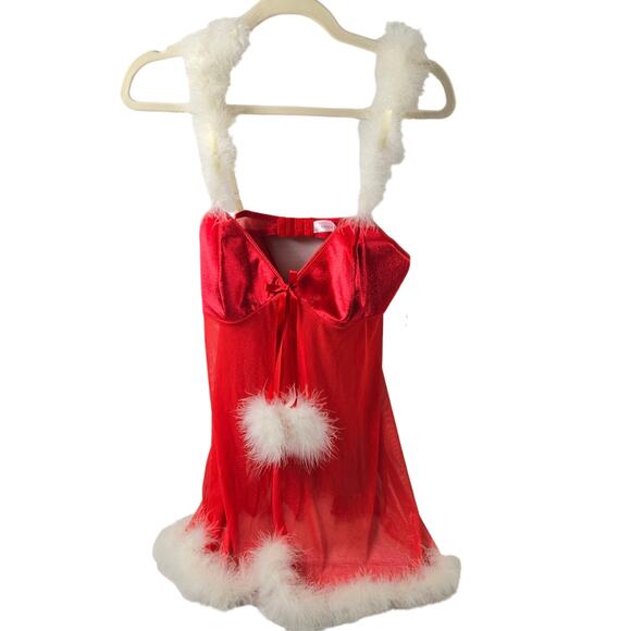 NWT Inner Secrets Mrs Claus Red Velveteen Mesh Maribou Cami size Medium Negligee - Picture 1 of 13
